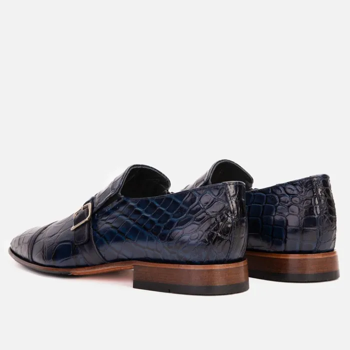 Vinci Leather Dress Shoes The Strat Single Monk Strap Cap Toe Navy Leather Handmade Shoe 8211 Men