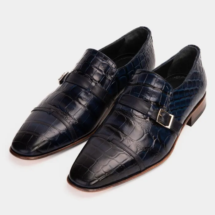 Vinci Leather Dress Shoes The Strat Single Monk Strap Cap Toe Navy Leather Handmade Shoe 8211 Men