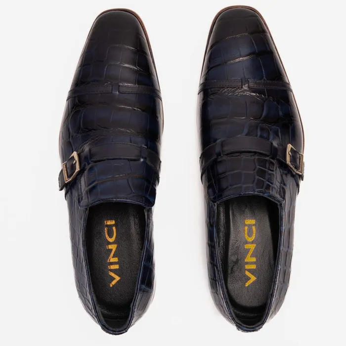 Vinci Leather Dress Shoes The Strat Single Monk Strap Cap Toe Navy Leather Handmade Shoe 8211 Men