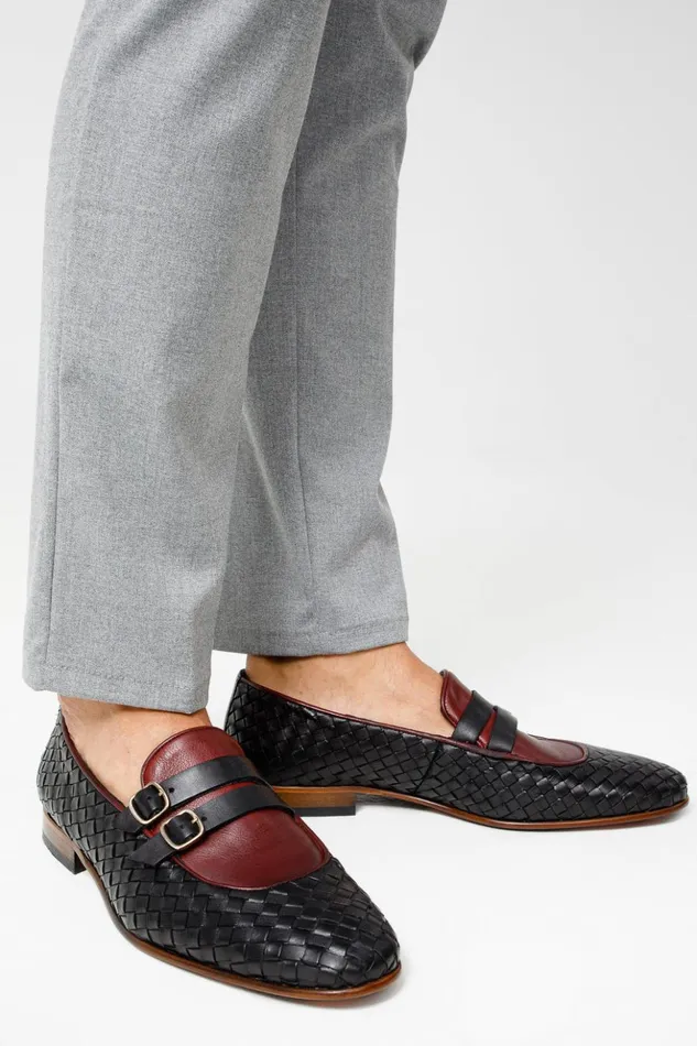 Vinci Leather Dress Shoes The Vatra Black and Burgundy Woven Double Monk Strap Shoe 8211 Men