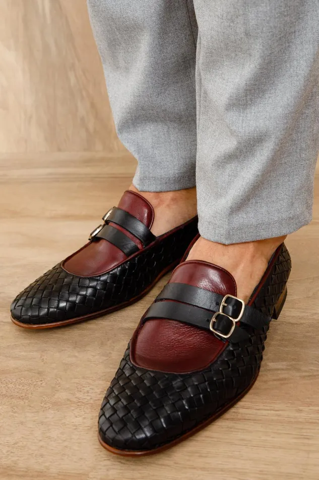 Vinci Leather Dress Shoes The Vatra Black and Burgundy Woven Double Monk Strap Shoe 8211 Men