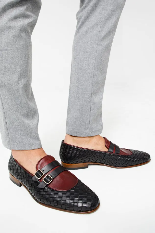 Vinci Leather Dress Shoes The Vatra Black and Burgundy Woven Double Monk Strap Shoe 8211 Men