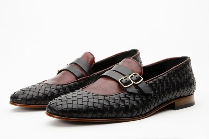 Vinci Leather Dress Shoes The Vatra Black and Burgundy Woven Double Monk Strap Shoe 8211 Men