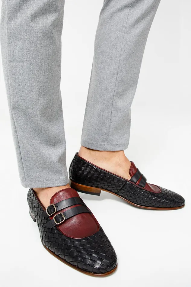 Vinci Leather Dress Shoes The Vatra Black and Burgundy Woven Double Monk Strap Shoe 8211 Men