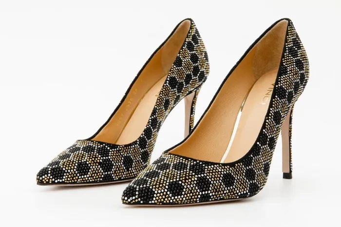 Vinci Leather Heels The Bolu Black and Gold Glitter Leather Pump Shoe 8211 Women