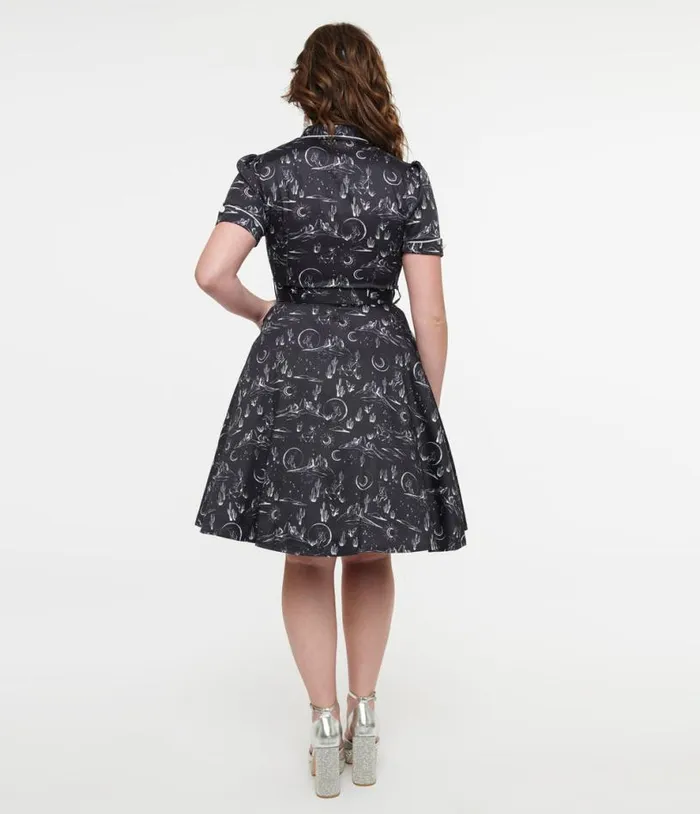Voodoo Vixen 1950s Black and White Midnight Western Fit and Flare Dress Dresses Unique Vintage Pocket Dresses