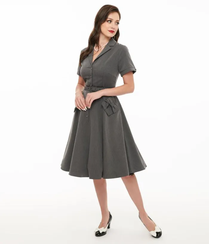 Voodoo Vixen 1950s Grey Bow Fit and Flare Dress DressesPlus Unique Vintage Fit and Flare Voodoo Vixen 1950s Grey Bow Fit and Flare Dress DressesPlus Unique Vintage Fit and Flare