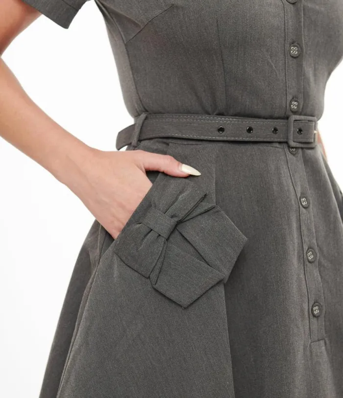 Voodoo Vixen 1950s Grey Bow Fit and Flare Dress DressesPlus Unique Vintage Fit and Flare