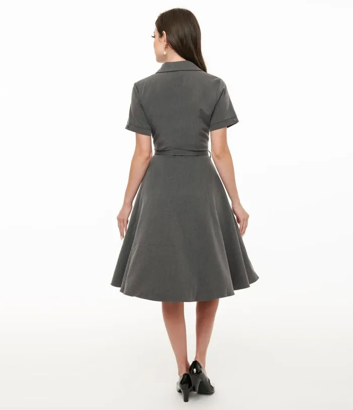 Voodoo Vixen 1950s Grey Bow Fit and Flare Dress DressesPlus Unique Vintage Fit and Flare