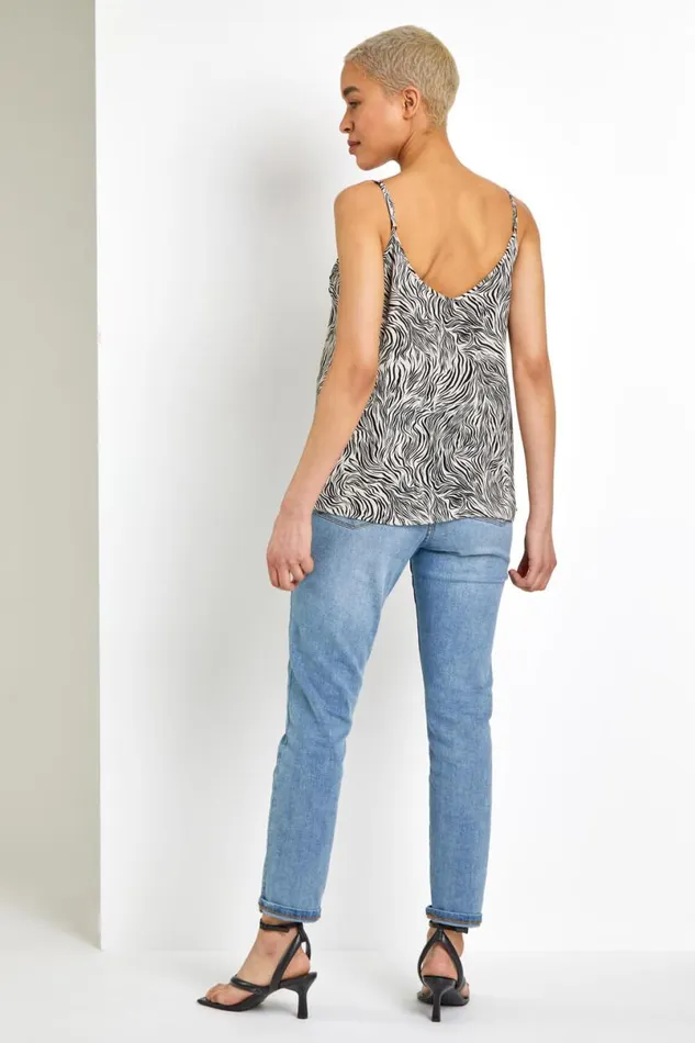White Frill Detail Animal Print Cami Top Women Roman Tops