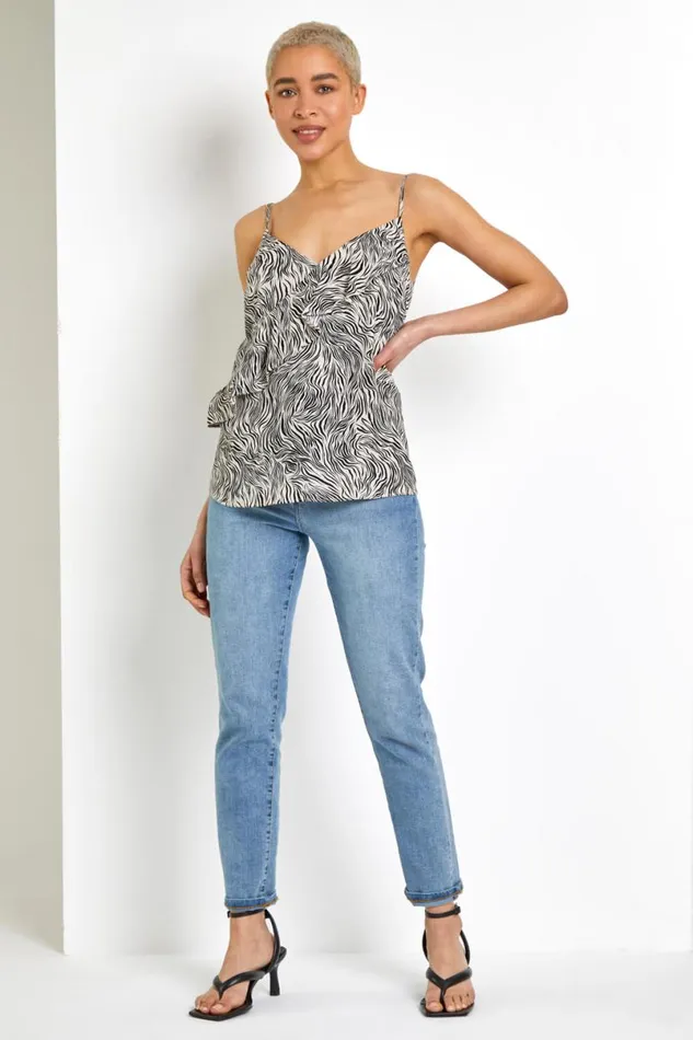 White Frill Detail Animal Print Cami Top Women Roman Tops