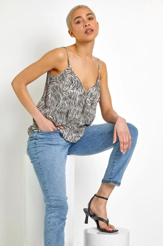 White Frill Detail Animal Print Cami Top Women Roman Tops