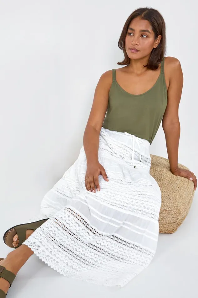 White Lace Detail Cotton A Line Maxi Skirt Women Roman Skirts