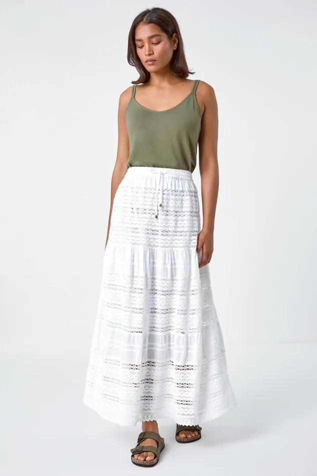 White Lace Detail Cotton A Line Maxi Skirt Women Roman Skirts