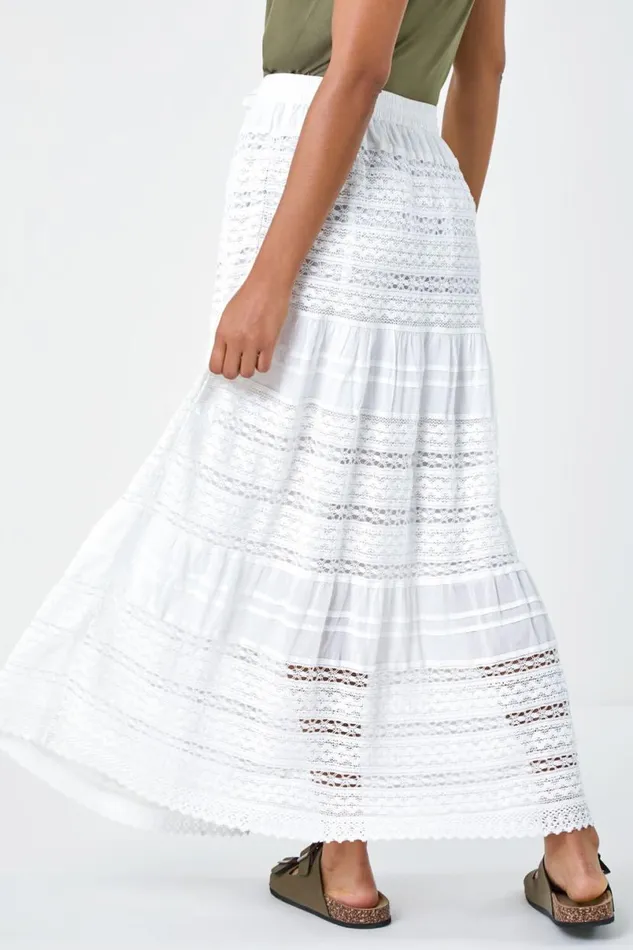 White Lace Detail Cotton A Line Maxi Skirt Women Roman Skirts