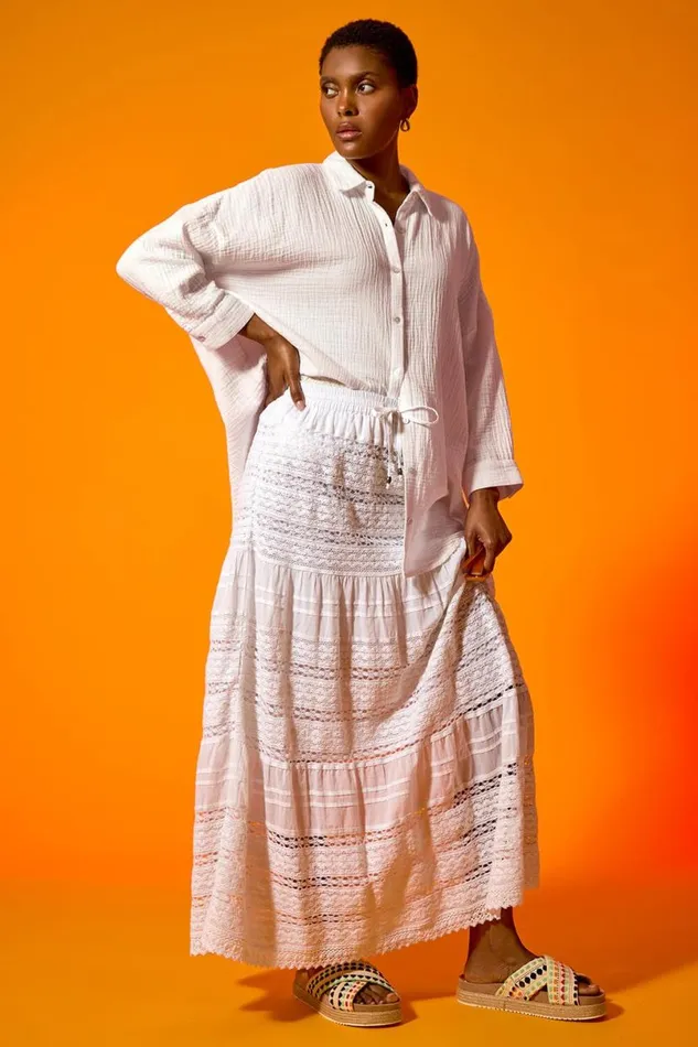 White Lace Detail Cotton A Line Maxi Skirt Women Roman Skirts
