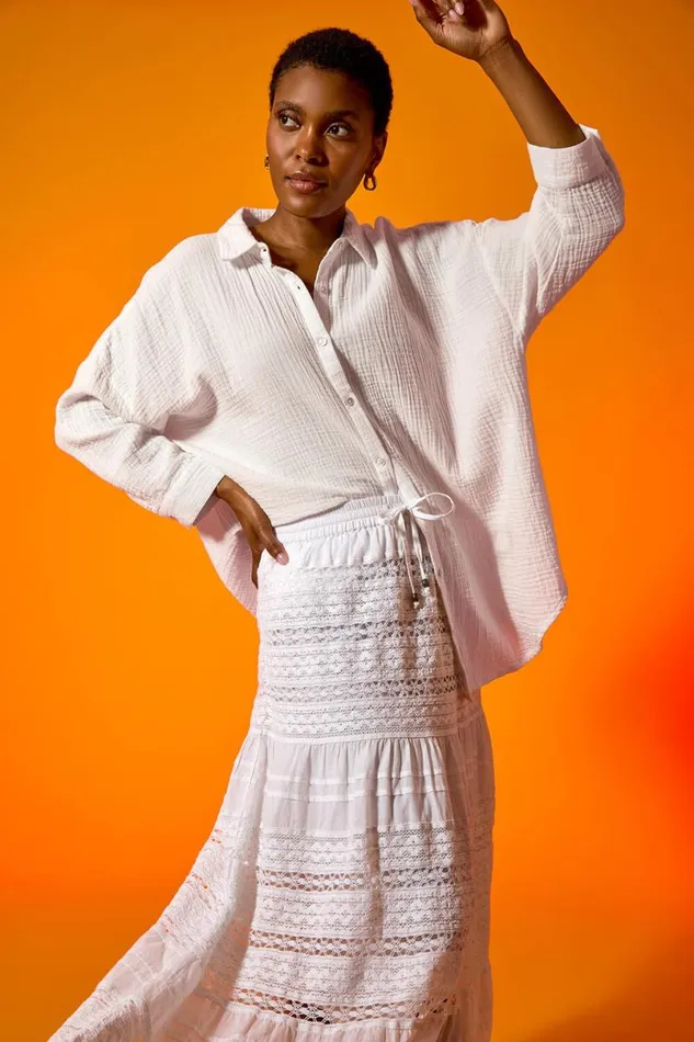 White Lace Detail Cotton A Line Maxi Skirt Women Roman Skirts