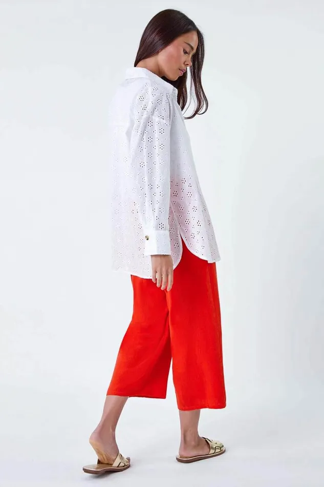 White Petite Cotton Broderie Button Blouse Women Roman Tops