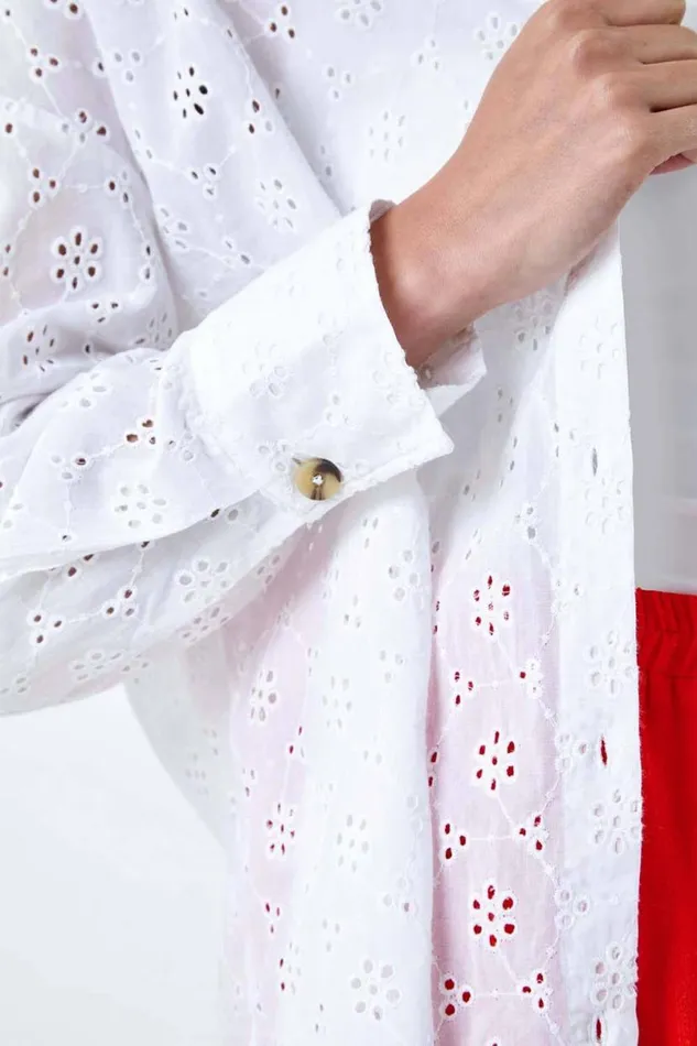 White Petite Cotton Broderie Button Blouse Women Roman Tops