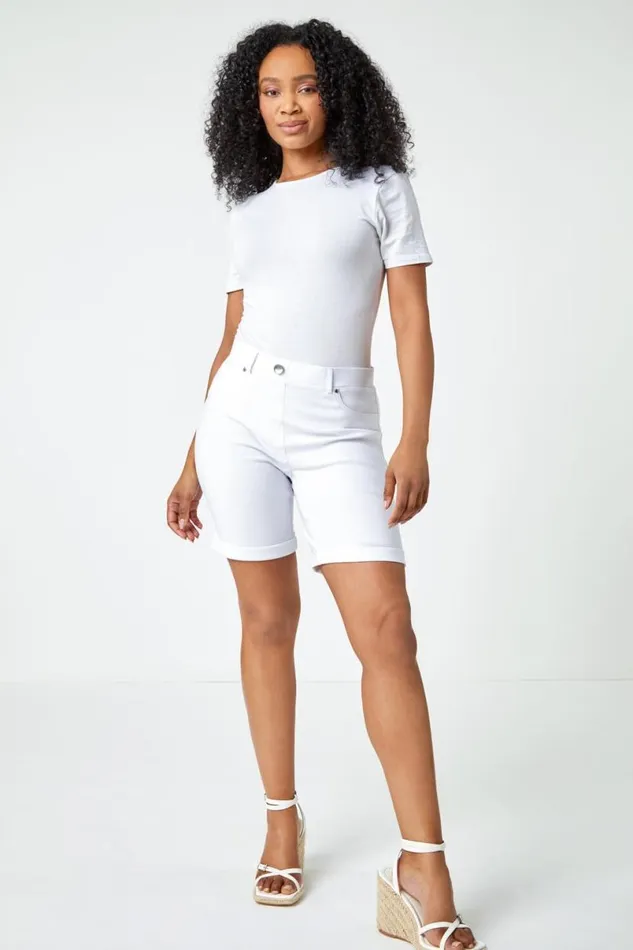 White Petite Turned Hem Elastic Waist Shorts Women Roman Shorts