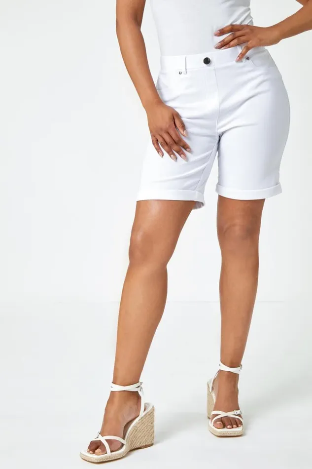 White Petite Turned Hem Elastic Waist Shorts Women Roman Shorts