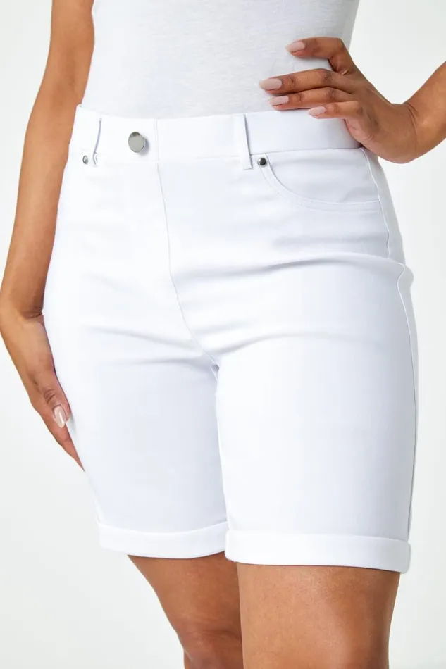 White Petite Turned Hem Elastic Waist Shorts Women Roman Shorts