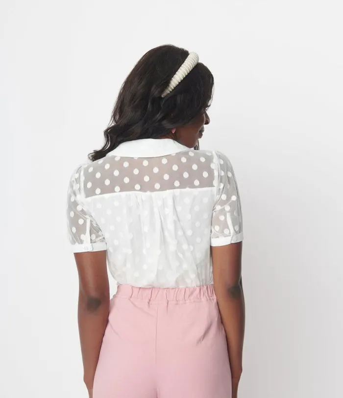 White Polka Dot Mesh Button Down Top Clothing Unique Vintage Blouses