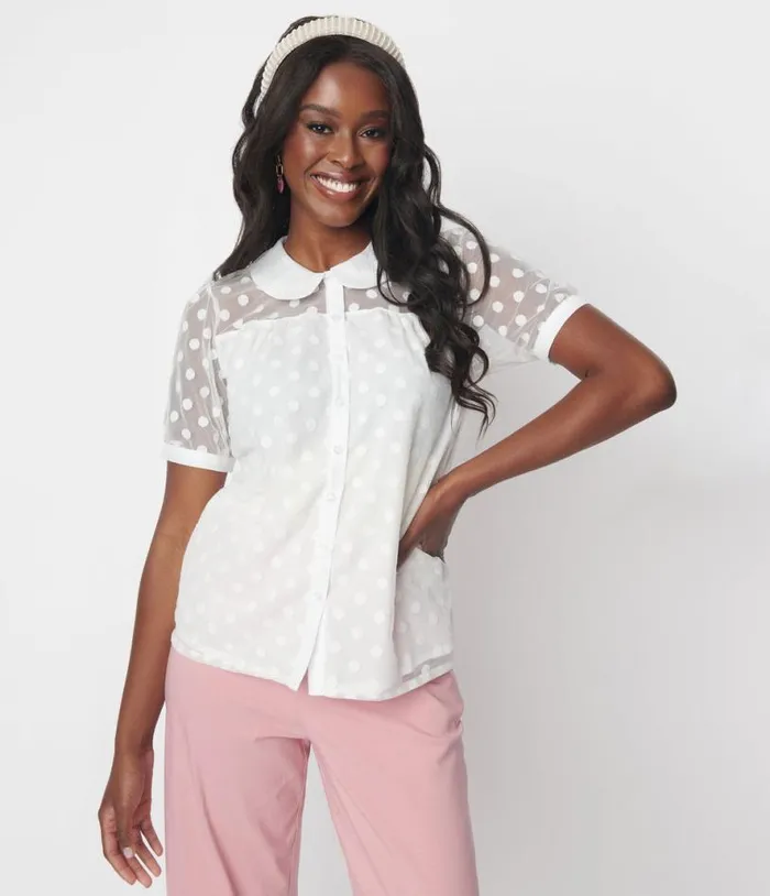 White Polka Dot Mesh Button Down Top Clothing Unique Vintage Blouses