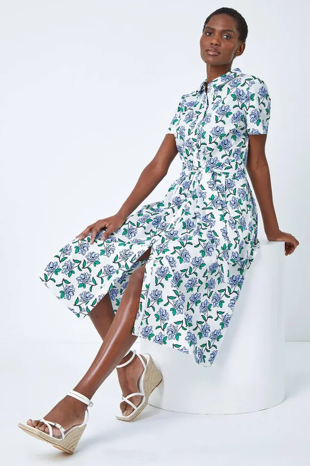 White Rose Print Midi Shirt Dress Women Roman Dresses