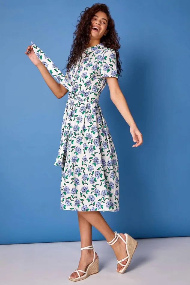 White Rose Print Midi Shirt Dress Women Roman Dresses