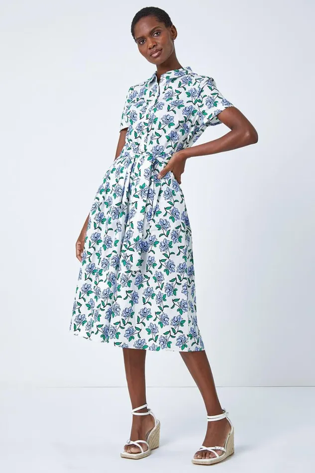 White Rose Print Midi Shirt Dress Women Roman Dresses
