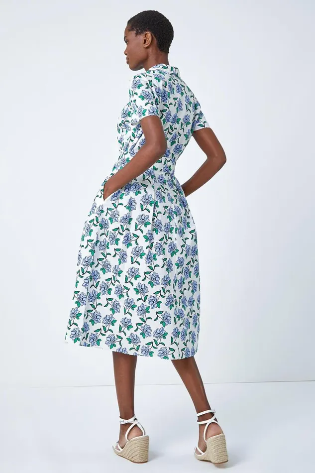 White Rose Print Midi Shirt Dress Women Roman Dresses