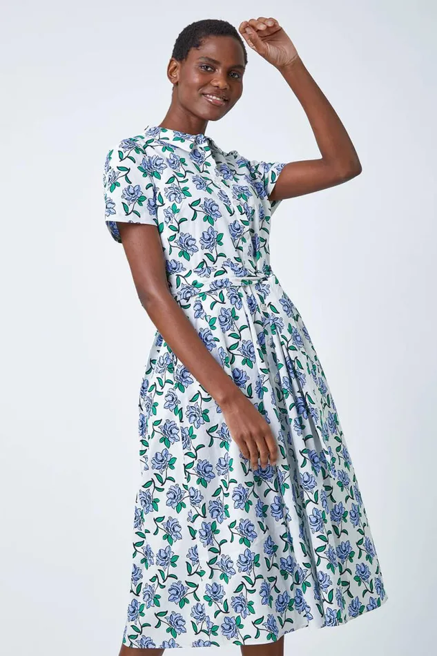 White Rose Print Midi Shirt Dress Women Roman Dresses