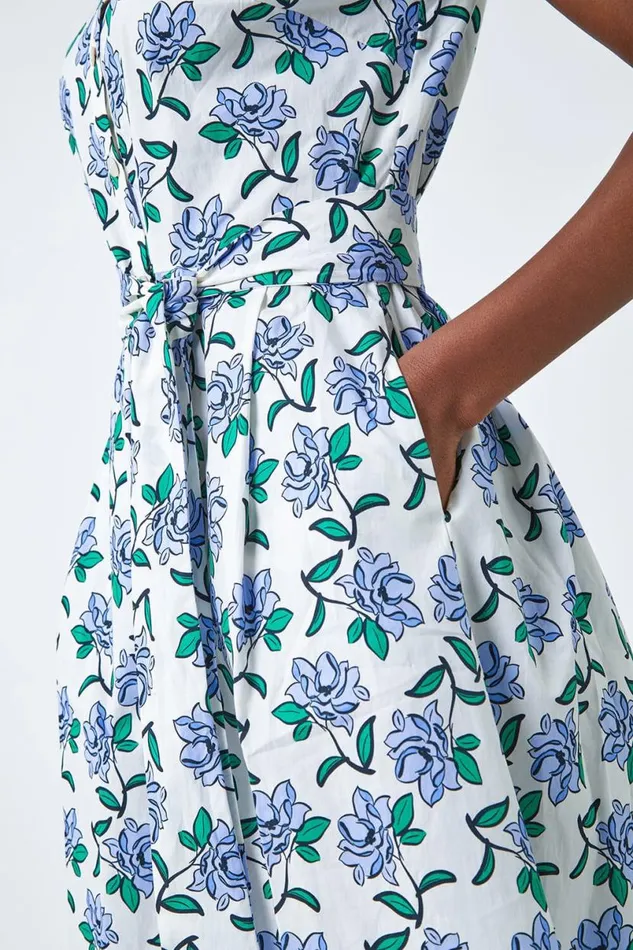 White Rose Print Midi Shirt Dress Women Roman Dresses