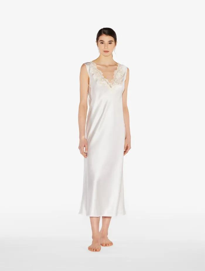 White Silk Satin Long Nightgown With Frastaglio Sleepwear La Perla Slips and Dresses