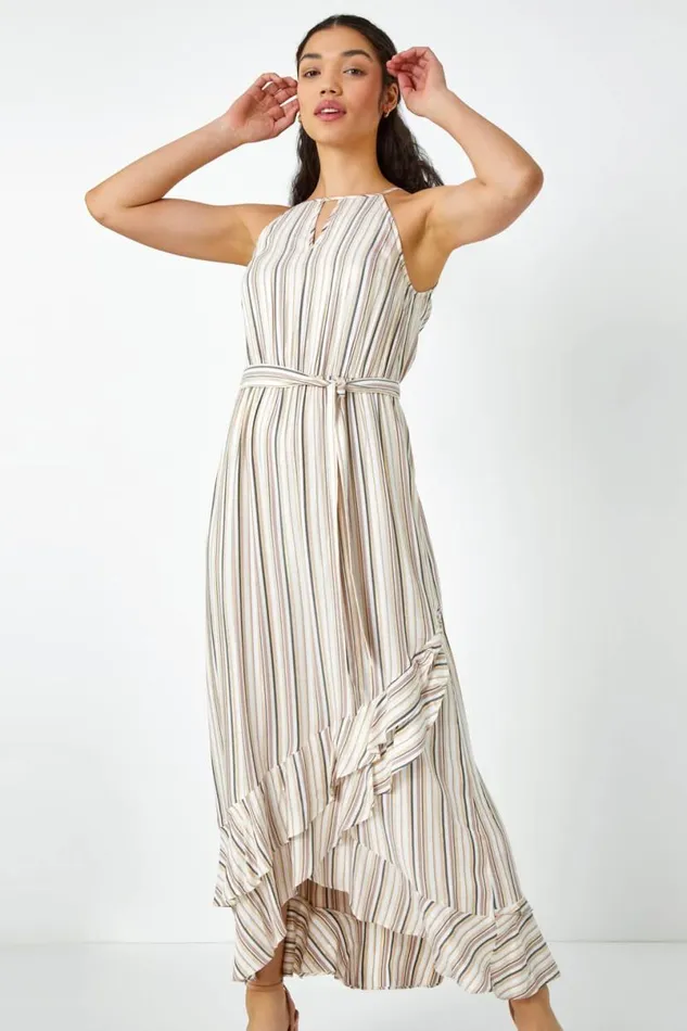 White Stripe Print Frill Detail Maxi Dress Women Roman Dresses