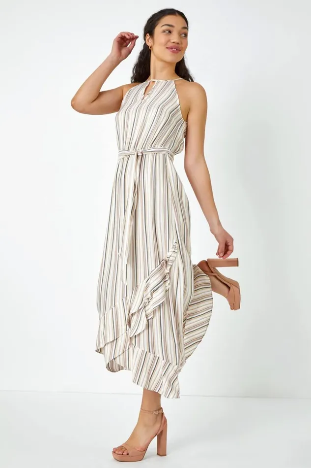 White Stripe Print Frill Detail Maxi Dress Women Roman Dresses