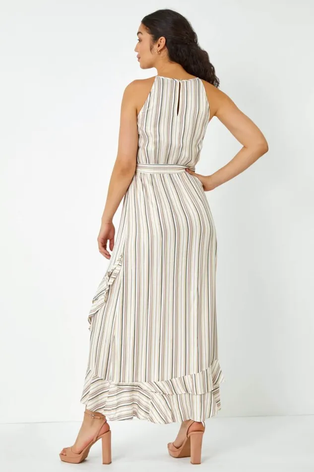 White Stripe Print Frill Detail Maxi Dress Women Roman Dresses