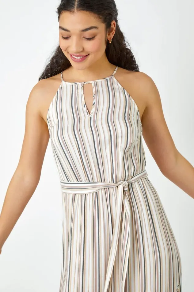 White Stripe Print Frill Detail Maxi Dress Women Roman Dresses