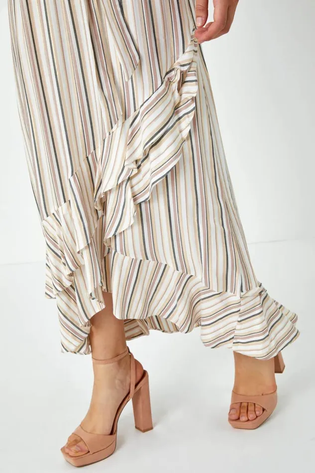 White Stripe Print Frill Detail Maxi Dress Women Roman Dresses
