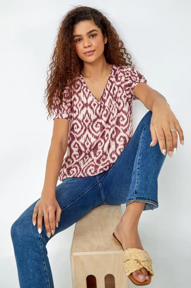 Wine Abstract Burnout Print VNeck Blouson Top Women Roman Tops