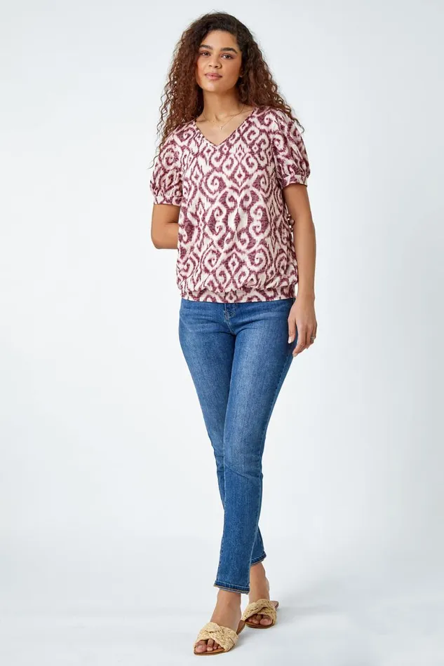 Wine Abstract Burnout Print VNeck Blouson Top Women Roman Tops