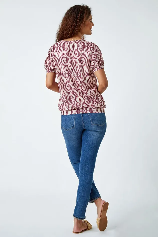 Wine Abstract Burnout Print VNeck Blouson Top Women Roman Tops