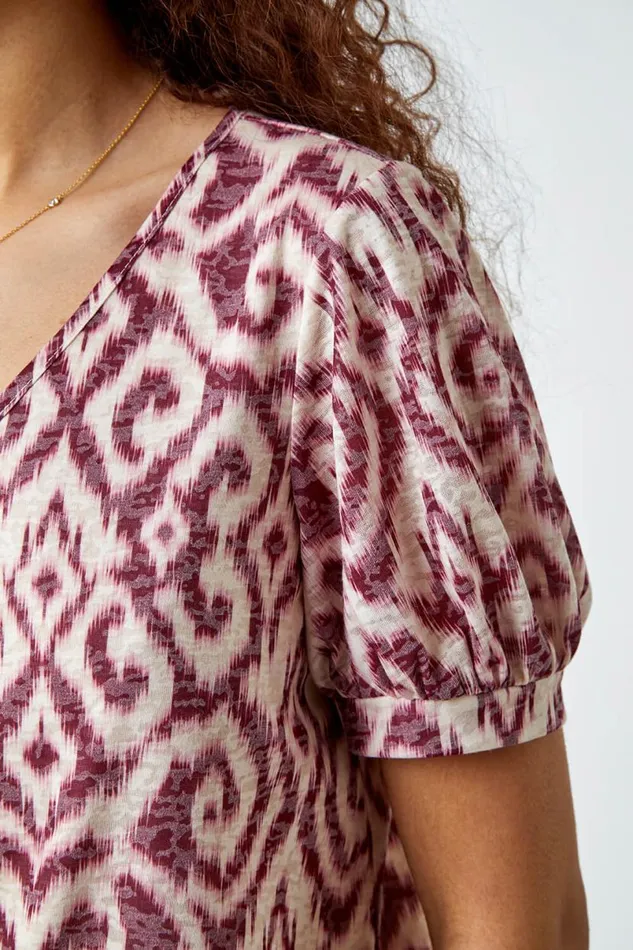 Wine Abstract Burnout Print VNeck Blouson Top Women Roman Tops