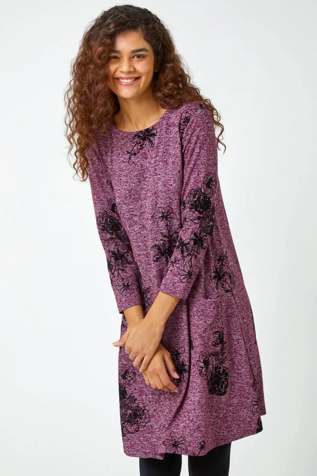 Wine Floral Pocket Swing Stretch Dress Women Roman Dresses