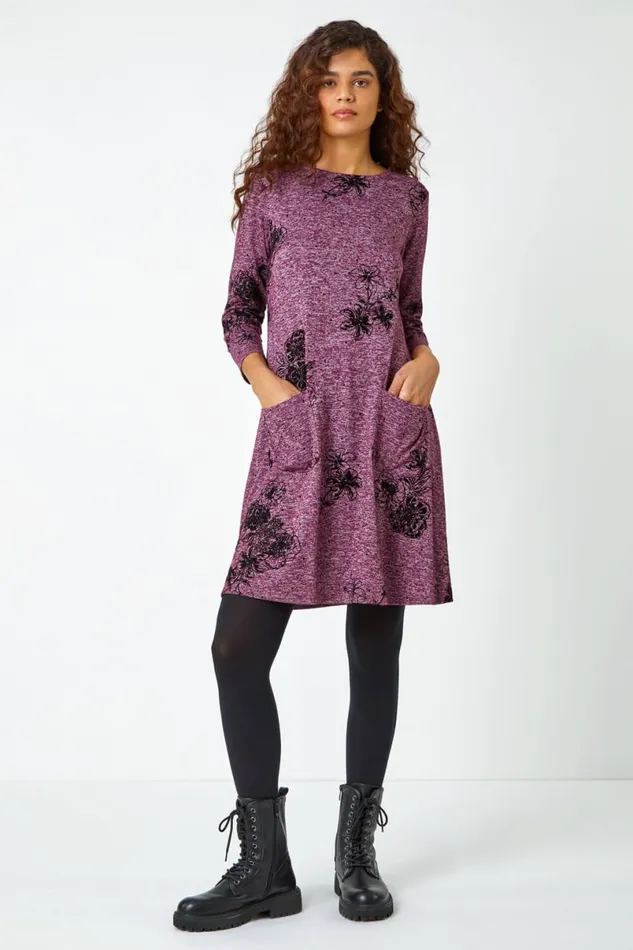 Wine Floral Pocket Swing Stretch Dress Women Roman Dresses