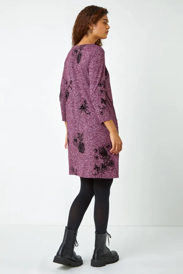 Wine Floral Pocket Swing Stretch Dress Women Roman Dresses
