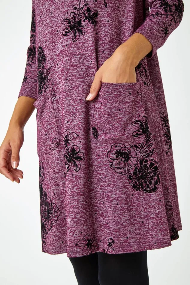 Wine Floral Pocket Swing Stretch Dress Women Roman Dresses