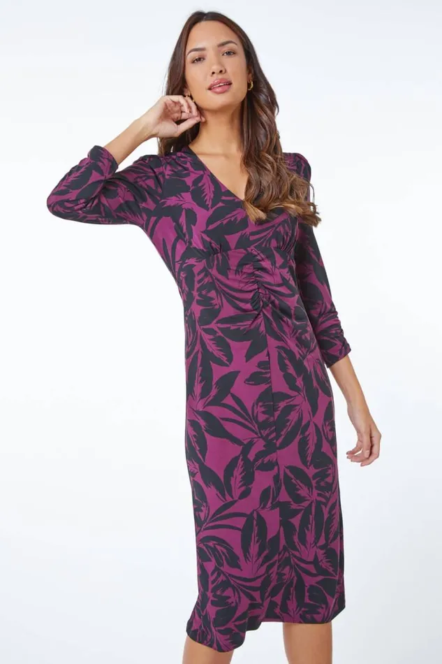 Wine Leaf Print Gathered Midi Dress Women Roman Dresses