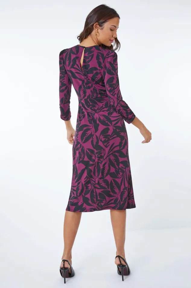 Wine Leaf Print Gathered Midi Dress Women Roman Dresses
